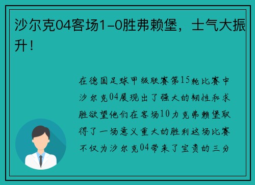 沙尔克04客场1-0胜弗赖堡，士气大振升！