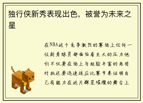 独行侠新秀表现出色，被誉为未来之星